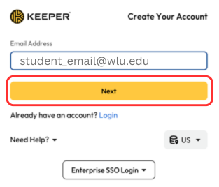 Screenshot that says Keeper, Create Your Account. Email address "student_email@wlu.edu" with a yellow button to click that says "next.