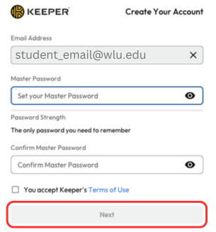 Screenshot of Keeper with fields for setting master password, check box to agree to terms of use and a button to click "next."