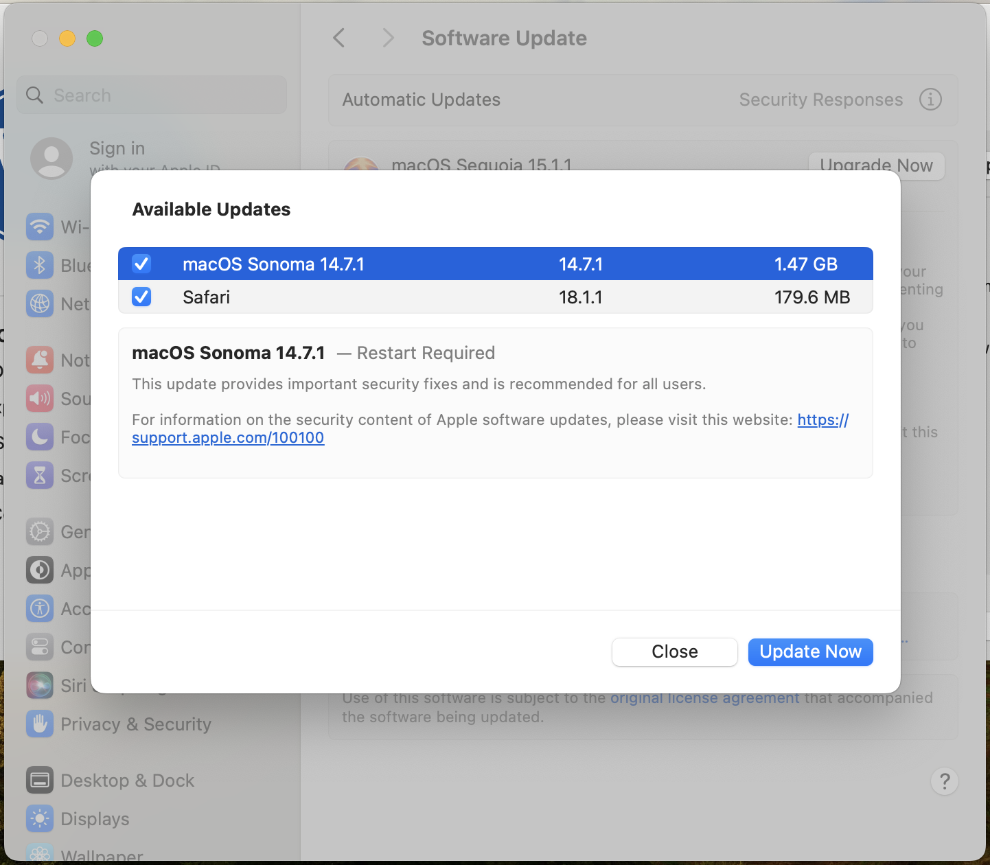 Screenshot that shows Available Updates for macOS Sonoma 14.7 with an Update Now button