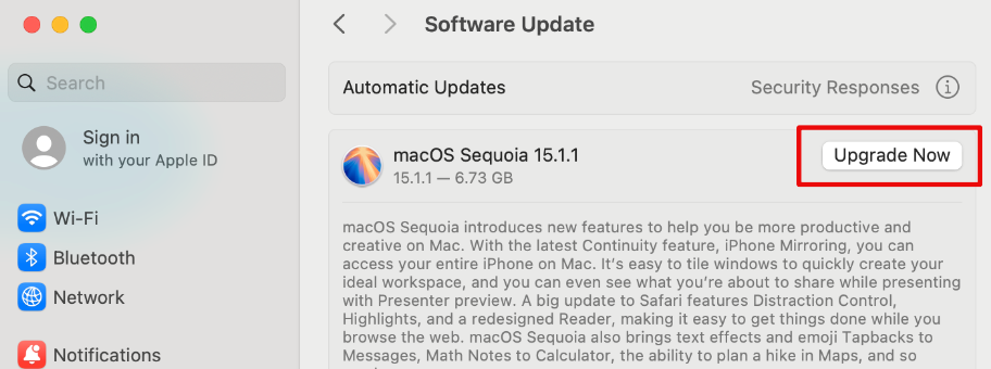 Screenshot of the software update page that provides an option to Upgrade Now to macOS Sequoia 15.1.1