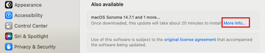 Screenshot that says Also Available macOS Sonoma 14.7.1 and 1 more with a clickable link that says More Info...