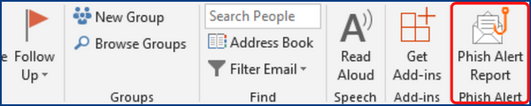 Screenshot of Outlook Windows tool bar with phish alert button circled in red