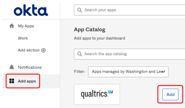 screenshot of Okta with "add apps" link and "add" button beside Qualtrics tile