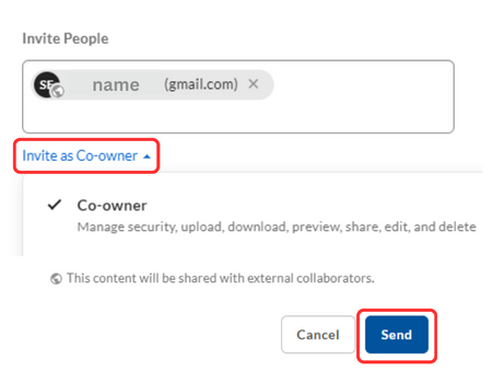 screenshot of "invite as co-ower" link with email address box for entering the invited person and a button to click send