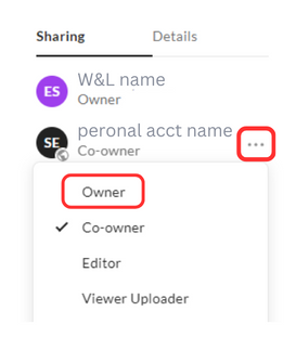 screenshot of Box window of folder owners. Three dot ellipsis highlighted in red and "owner" link highlighted in red