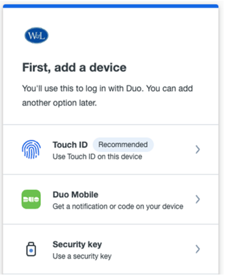 screenshot of Duo add a device page with the following options listed:  Touch ID, Duo Mobile, Security Key.