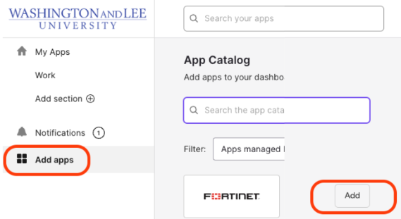 Screenshot of MyApps page with a link to Add Apps and a view of the Fortinet tile and the option to "Add" the application to your MyApps page.