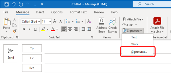 Screenshot of Outlook PC signature link from drop down menu