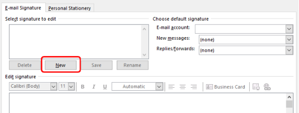 screenshot of Outlook for PC button to create new signature