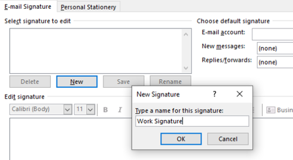 screenshot of Outlook for PC window used to type signature name