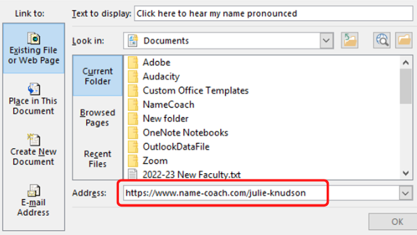 screenshot of Outlook PC window containing link to your NameBadge page