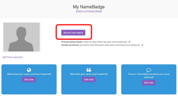 screenshot of namebadge dashboard with button that says "record your name"