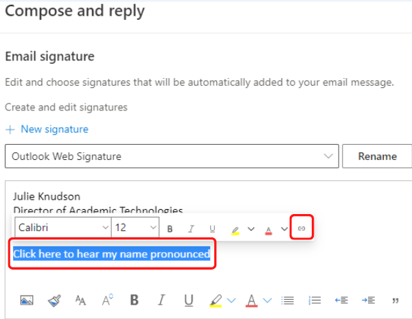Screenshot of Outlook email signature page with "click here to hear my name pronounced".