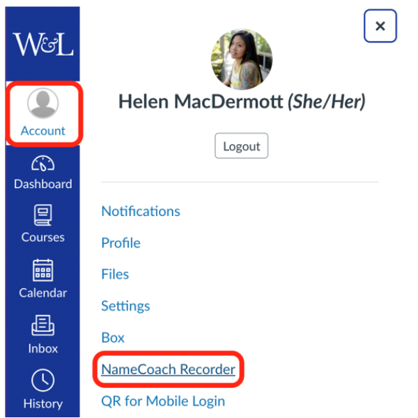 Screenshot of Canvas with link to click for NameCoach Recorder