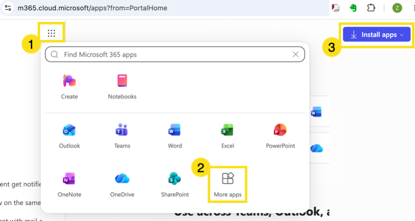 Screenshot of a Find Microsoft 365 Apps page with icon of available applications. The "install apps" button is in the upper right hand corner.