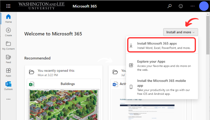 office screen shot with install microsoft 365 apps drop down link