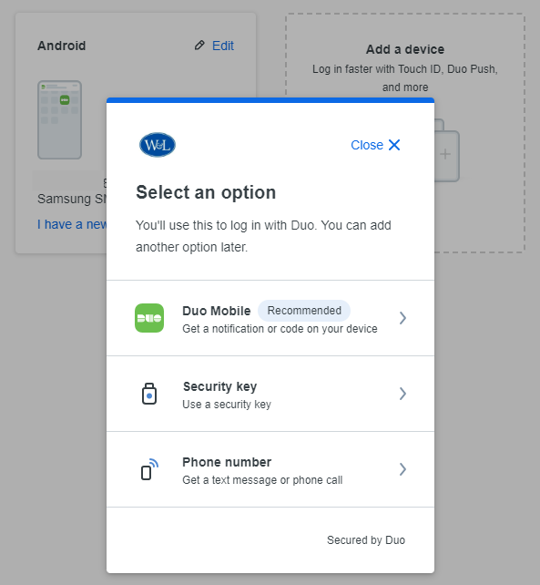  Screenshot that shows options to add a new Duo device including Duo Mobile, Security Key or phone number.