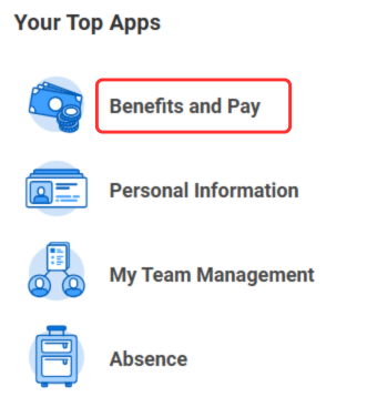 Screenshot of Workday applications that users can click on including the Benefits and Pay application link.