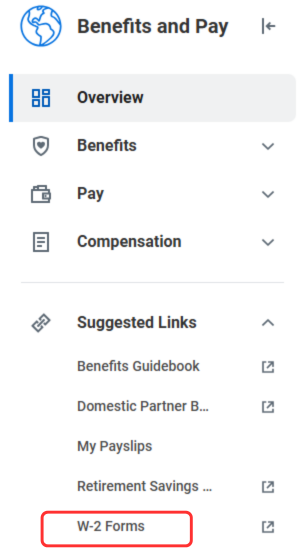 Screenshot of the Benefits and Pay menu with a link that says W-2 Forms that takes you to the ADP website.