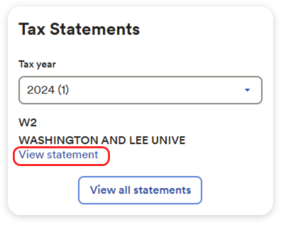 Screenshot of the Tax Statements popup with a tax year drop down list and a button that says View All Statements.