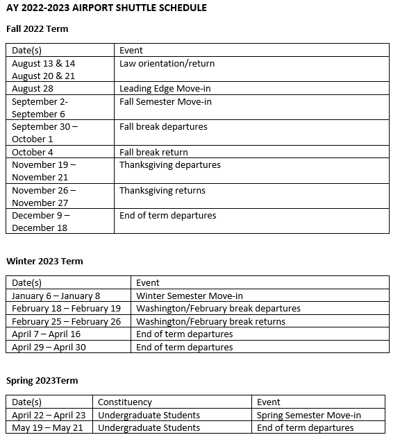 2022-2023 Airport Shuttle Schedule : Washington and Lee University