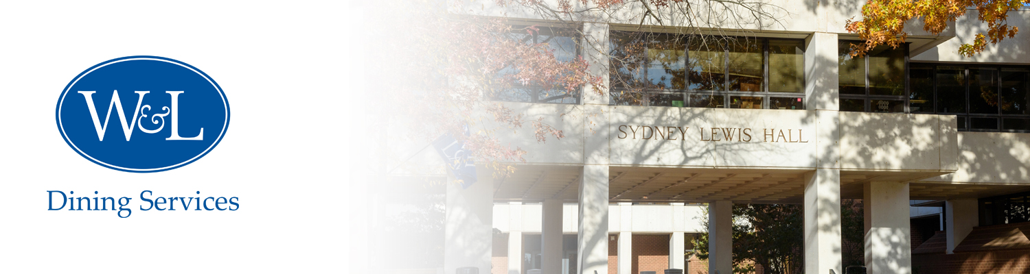 Dining Services logo fading into photo of Sydney Lewis Hall.