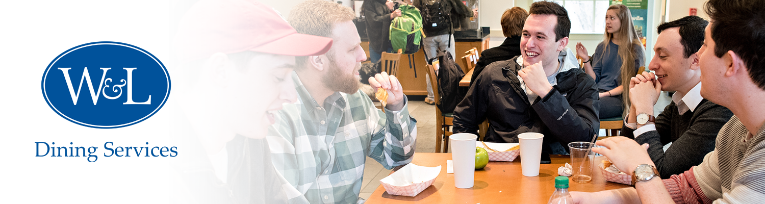 Dining services logo fading into a photo of students enjoying lunch at Café 77. 