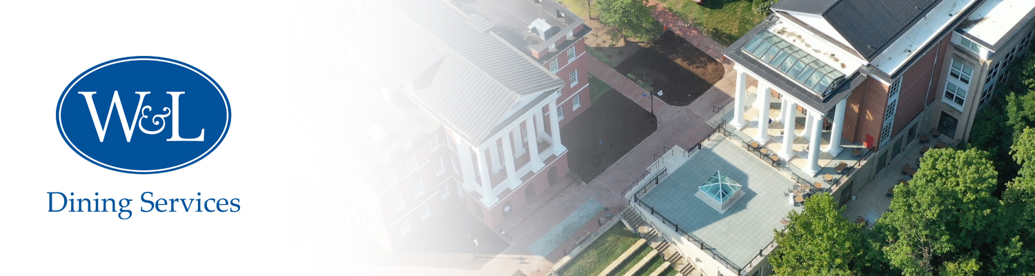 Dining services logo fading into an aerial photo of the Café 77 patio. 