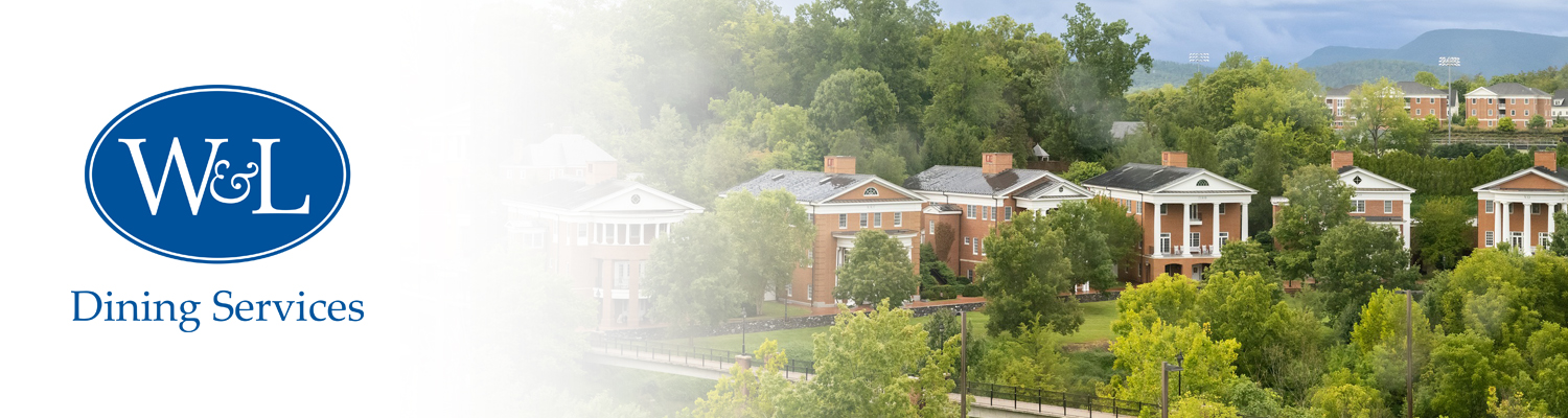 Dining Services logo fading to photo of sorority houses. 