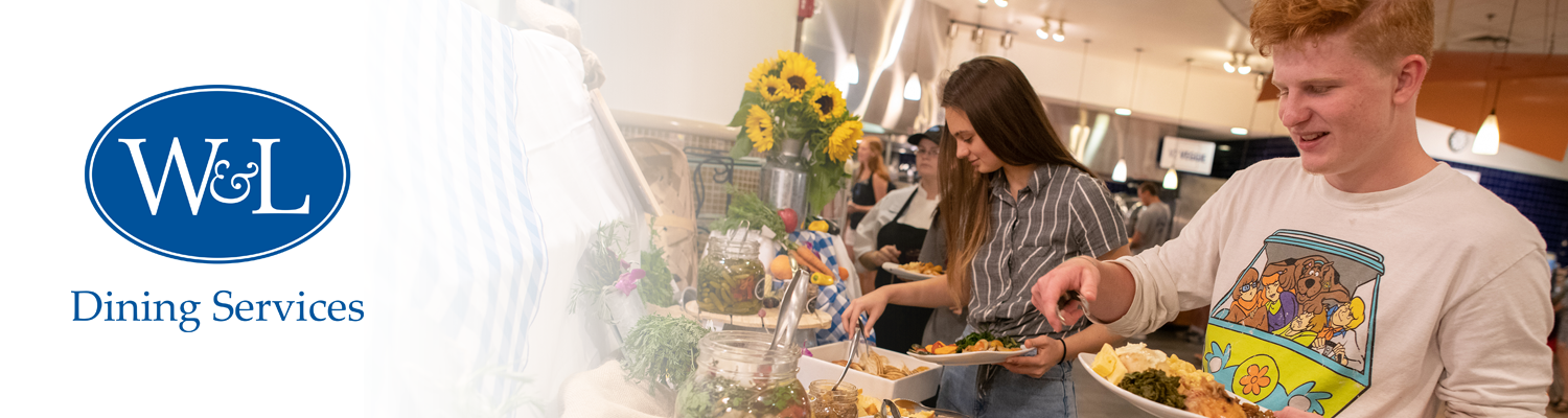 Dining Services logo fading into photo of student wearing white t-shirt serving himself at the Virginia Harvest dinner in The Marketplace.